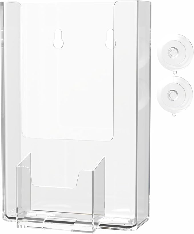2 Pack Suction Cup Trifold Holder with Card Slot for 4" Menus and 2" x 3.5" Vertical Contact Info Cards Glass Walls or Window Mounting in Auto Shops Retail Shops or Big Box Stores by Marketing Holders