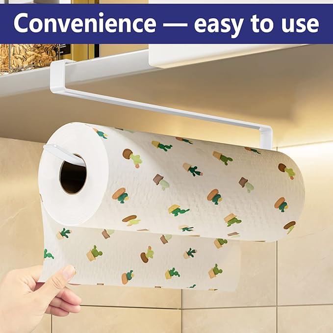Paper Roll Holder, KIKISML 2 Pack Paper Towel Holder Cabinet Hanging Kitchen Roll Hanger Dispenser Storage Rack Towel Necktie Bedroom Toilet Organization Storage [No Drilling No Tool Required]- White