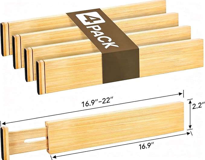 Bamboo Adjustable Drawer Divider, Expandable Drawer Organizer Insert, Non Slip Kitchen Utensil Closet Storage Separator (Natural)