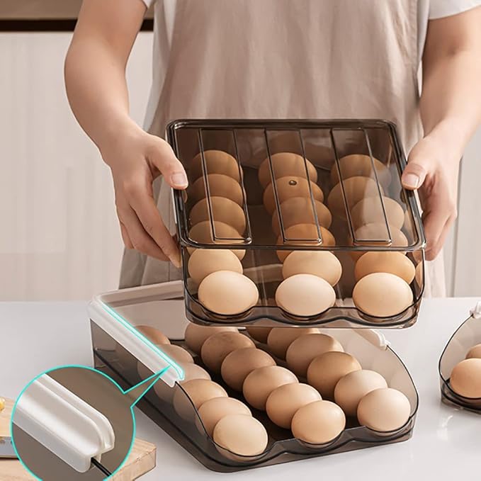 OnDisplay Stackable Acrylic Gravity Egg Tray Holder for Fridge - Food-Safe PET Refrigerator Storage Bin for Eggs (Brown, Set of 2 Trays)