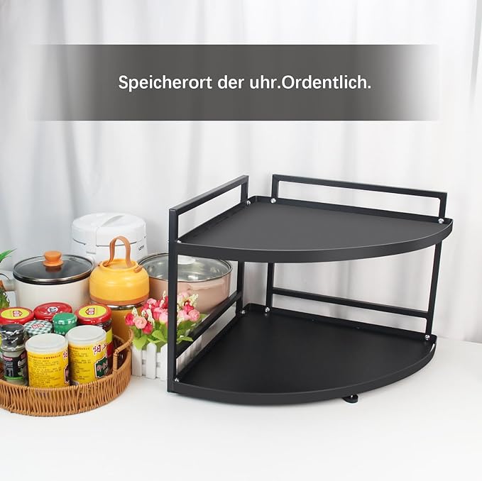 HUIJIN 2 Tier 90°Corner Shelf for Kitchen - Space-Saving Spice Rack, Pot & Pan Organizer, Under Sink Storage - Sturdy Iron Tiered Shelves RA07 [H30/W40]