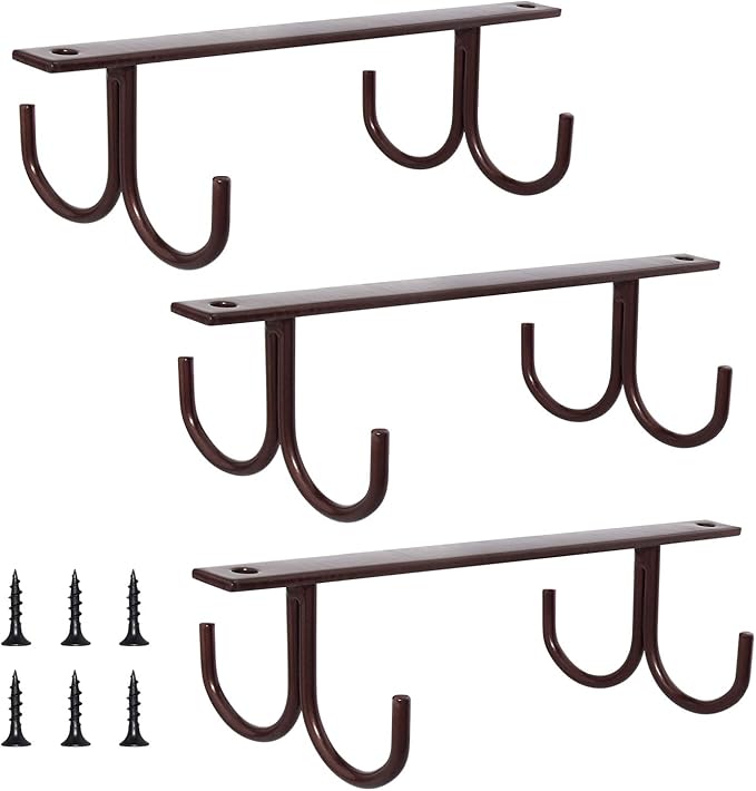 MOCOUM Under Cabinet Mug Rack, Rustic Mug Organizer Rack Cup Holder Under Shelf 12 Hanging Hooks Rack for Mugs, Coffee Cups and Kitchen Utensils Display (Brown-3 Pack-12 Hooks)