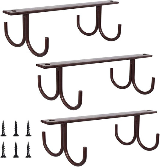 MOCOUM Under Cabinet Mug Rack, Rustic Mug Organizer Rack Cup Holder Under Shelf 12 Hanging Hooks Rack for Mugs, Coffee Cups and Kitchen Utensils Display (Brown-3 Pack-12 Hooks)