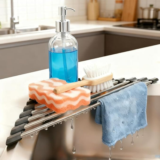 Credon Triangle Roll Up Dish Drying Rack Over The Sink, Foldable Multipurpose Corner Sink Caddy, Stainless Steel Anti Slip and Rust Proof Kitchen Sink Drainer Organizer, Small Space Solutions (Black)