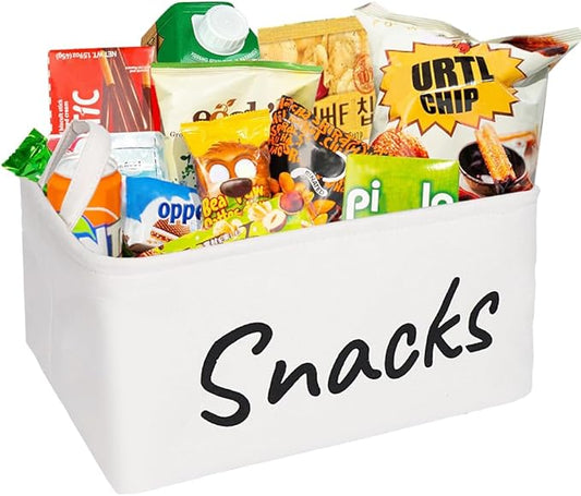 Snack Organizer Basket for Home Office: Snack Storage Bin for Pantry Shelf Countertop (White)