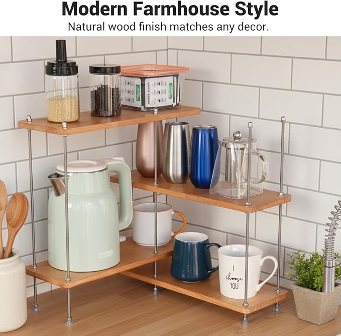 VINIUSIKI Adjustable 4 Tier L-Shaped Countertop Shelf Organizer, DIY Kitchen Corner Spice Rack for Countertop, Wood Coffee Counter Shelf Organizer for Home Office - 15.7"x15.7"x16.14" (LxWxH), Wood