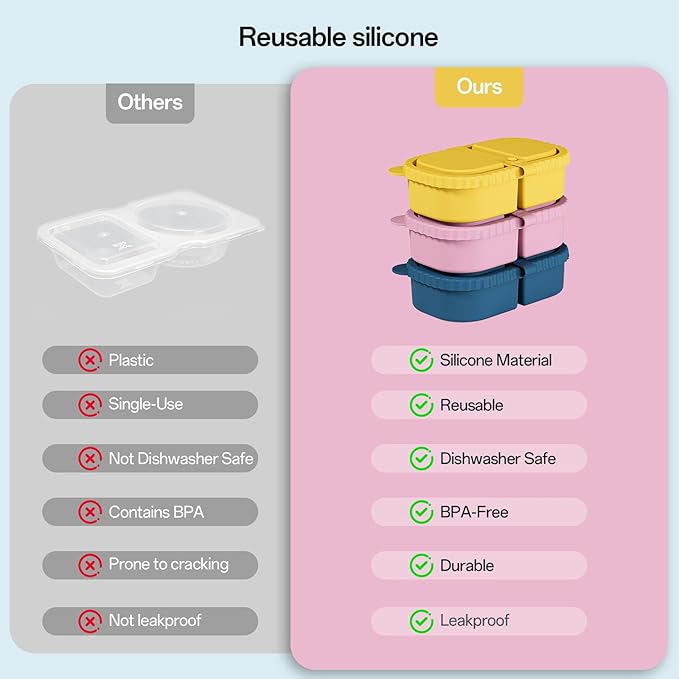 3 Pack Silicone Snack Containers with Lids, Reusable Double Compartment 8oz Leakproof Snack Box for Sauce, Dip, Salad, School, Office, Picnic