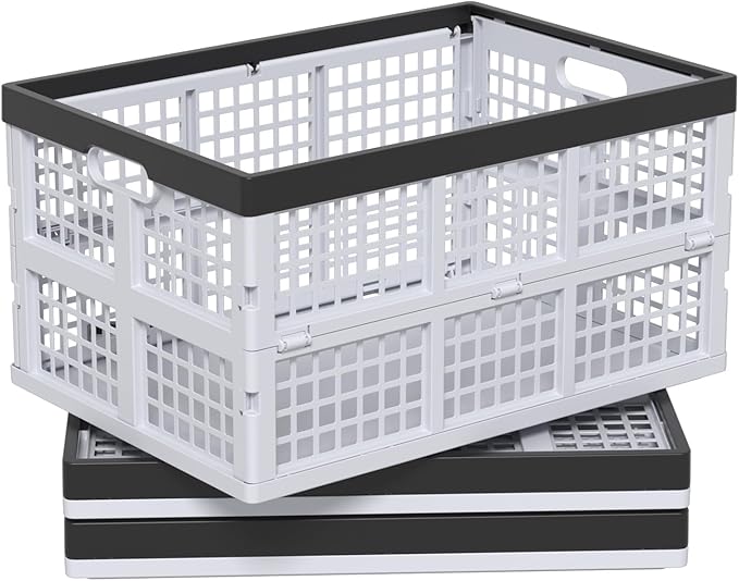 Waikhomes Pack of 3 Collapsible Storage Container Crates, Large Folding Basket Box with Handle, Grey, 42 L