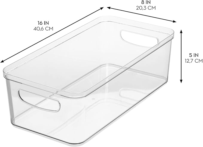 iDesign BPA-Free Plastic Crisp Large Pantry and Fridge Organizer with Easy to Grip Integrated Handles for Kitchen, Fridge, Freezer, Pantry and Cabinet Organization, 16" x 8" x 5", Clear