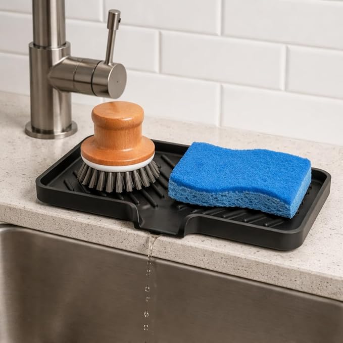 Happitasa Silicone Soap Dish Tray and Sponge Holder with Drain Chute and Feet | 3-Way Sloped Design | Bathroom and Kitchen Sink Organizer Caddy (White, 10"x4")