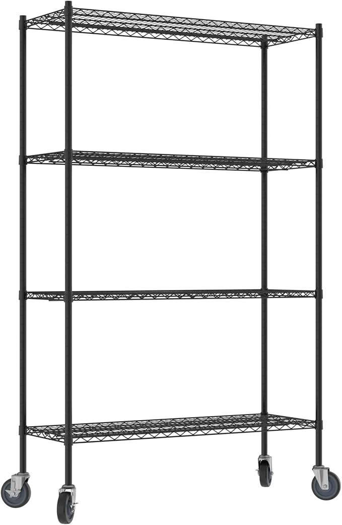 Commercial NSF Listed Black Epoxy Mobile Wire Shelving Kit 18" x 48" x 80", with 4 Shelves Perfect for Warehouse, Walk-in Refrigerator, Freezer, Grocery Store, Restaurant, Dishroom