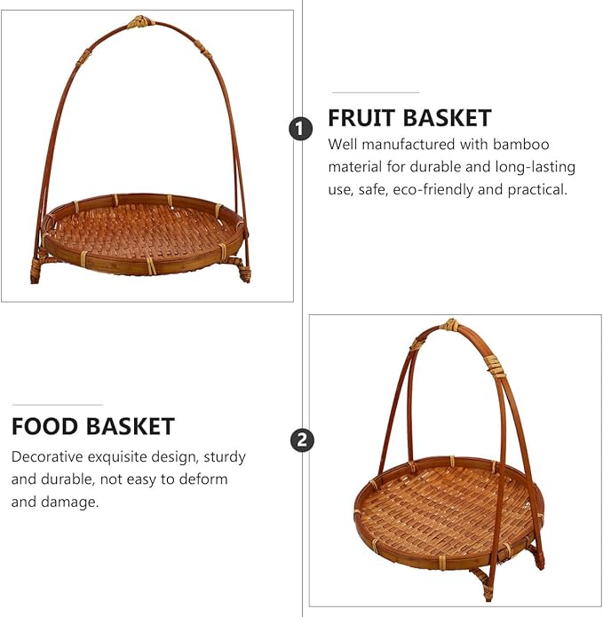 Woven Bamboo Basket Snack Stand Fruit Dessert Tray Organizer with Handle for Kitchen Countertop Storage and Home Party Display