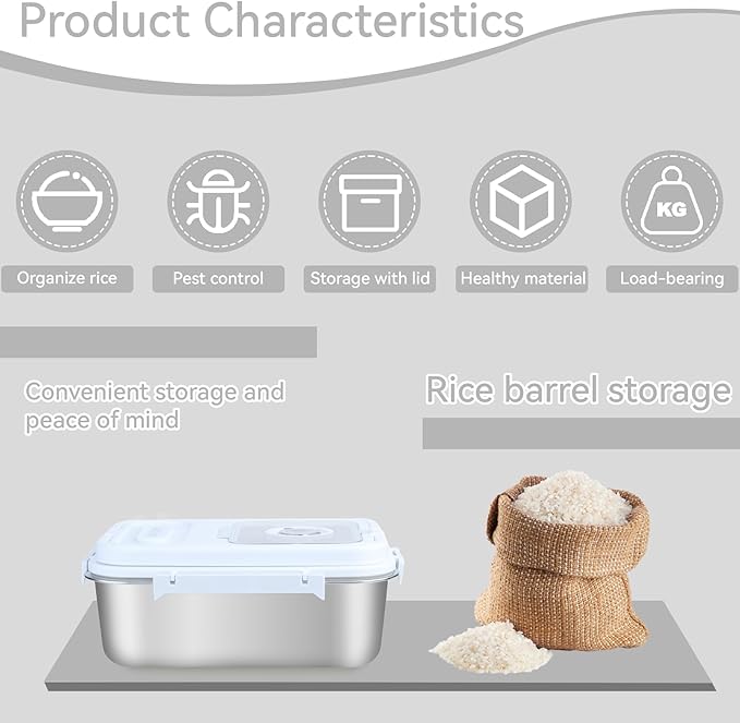 Airtight Stainless Steel Food Storage Container 15lb - Kitchen & Pantry Canister for Rice, Flour, Sugar, Baking Supplies with Measuring Cup & Spoon (Silver)
