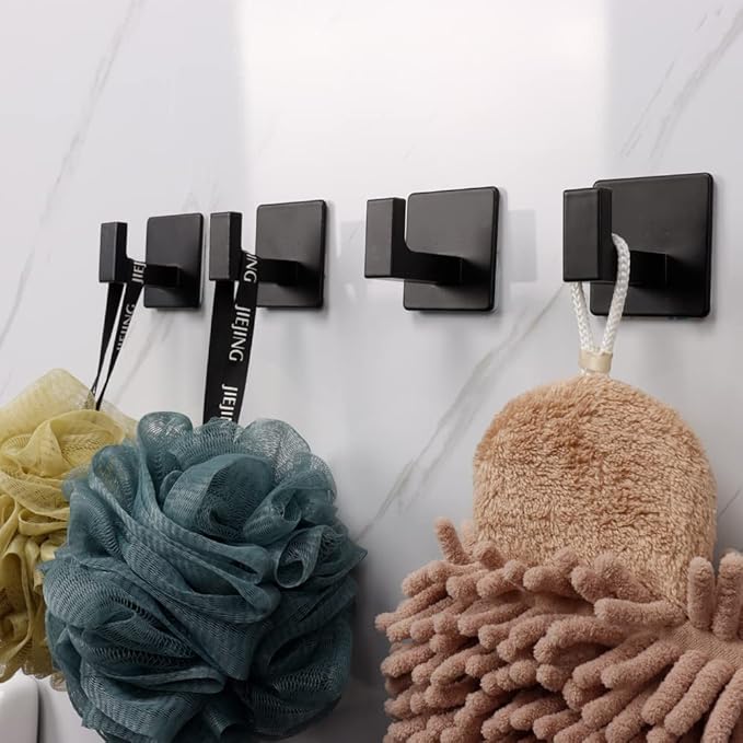 Vanloory Bath Towel Hook,4 Pack Self Adhesive Square Coat Hooks, Sturdy No Drilling Robe Hook, Heavy Duty Aluminum Clothes Hanger, Wall Hooks for Bathroom Bedroom Kitchen (2 Inch,Black)