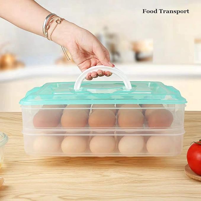 Deviled Egg Tray with Lid, 2-Layer, Food Storage Container with Handle, Egg Holder for Refrigerator, large, 40 eggs (Blue)