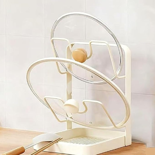 Kitchen Lid Holder While Cooking,Kitchen Pot Lid Storage Rack With Tray,Lid And Spoon Holder While Cooking,Pot Lid Organizer Rack (white - B)