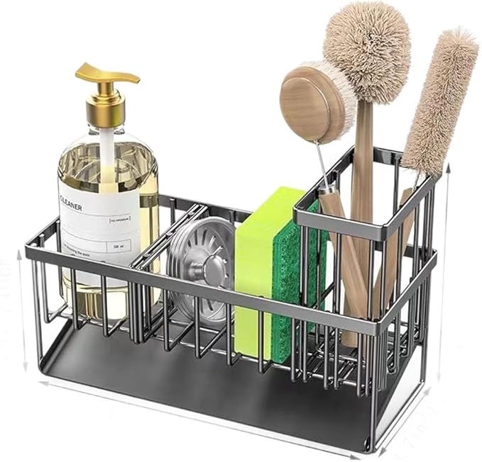 Kitchen Sink Caddy, Black Metal Wire Basket with Drip Tray, Sponge Holder for Dish Soap and Brushes, 9.1x3.7x6.2 inches (Black)