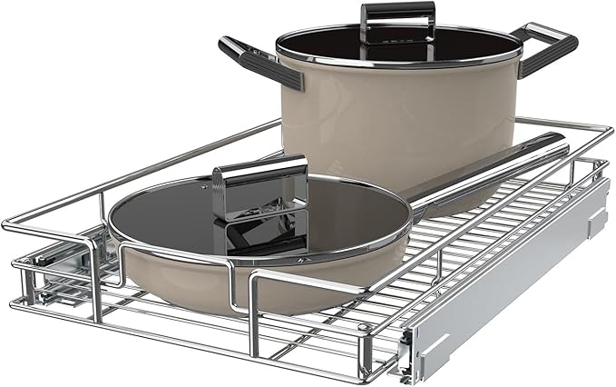 Pull Out Cabinet Organizer, 17" W x 21" D Slide Out Kitchen Cabinet Storage Shelf and Drawer Organizer NEED 18" W and 22" D Cabinet, Chrome Finish