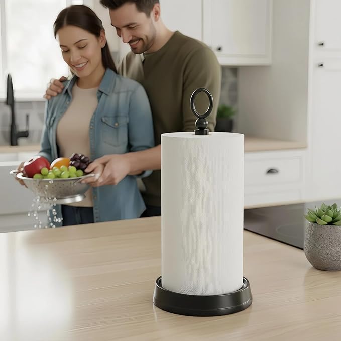 Paper Towel Holder (with Heavy Weighted Base) Steel Paper Holder countertop，Black Paper Towel Holder for Kitchen Countertops, Bars & Dining Tables,Fits Standard & Jumbo Rolls, Matte Black