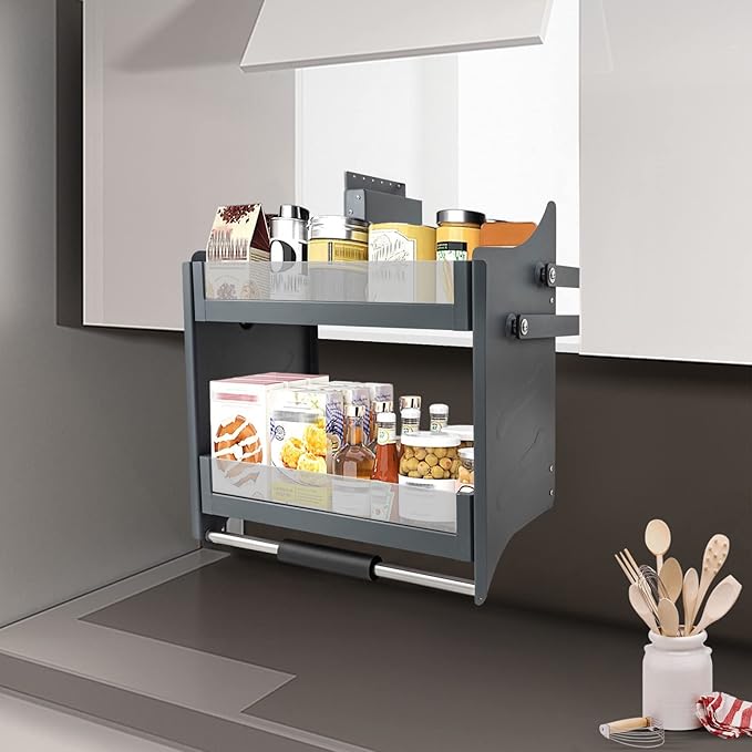 Pull Down Shelf Upper Kitchen Wall Cabinet Storage Organizer, Heavy Duty Pull-Out Cabinet Drop Down Sliding, Drop Down Shelf for Spices, Dishes (Pull Down)