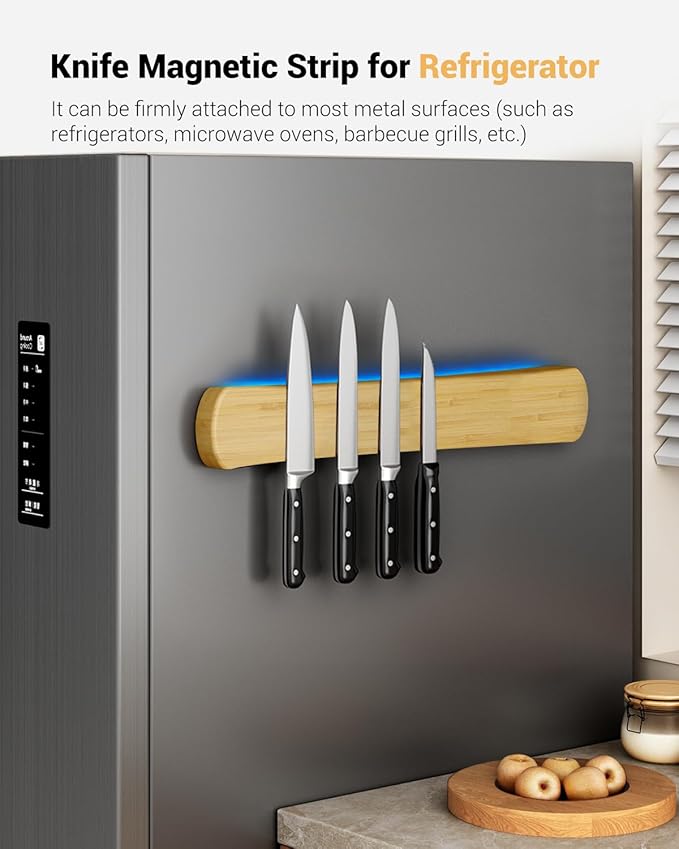 Magnetic Knife Holder for Wall, 16 Inch Bamboo Knife Strip with Strong Magnetism, Kitchen Accessories Organizer, Housewarming Gifts for New Home, Storage Space Saver for Apartment/Rv/Farmhouse