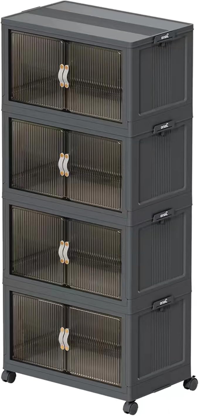 Foldable Collapsible Closet Organizers, Stackable Storage Bins and Boxes with Lids & Drawers, 32GAL*4Pack Folding Plastic Box Cabinet Containers with Door & Wheel for Bedroom Dorm Home Organization