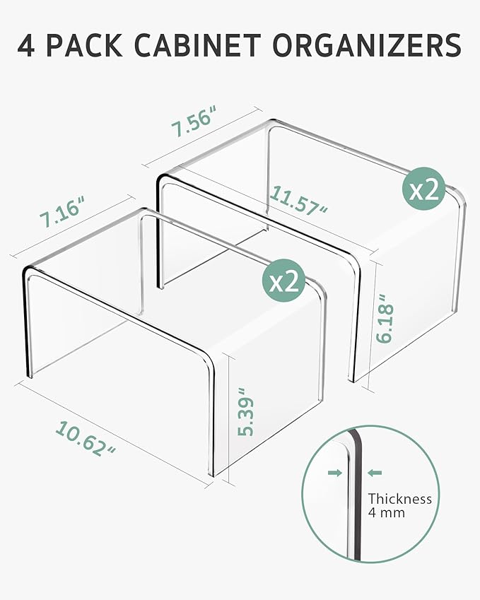 Syntus Cabinet Shelf Organizer, 4 Pack Spice Organization for Cabinet, Seasoning, Plate Organizer Shelf Riser, Clear
