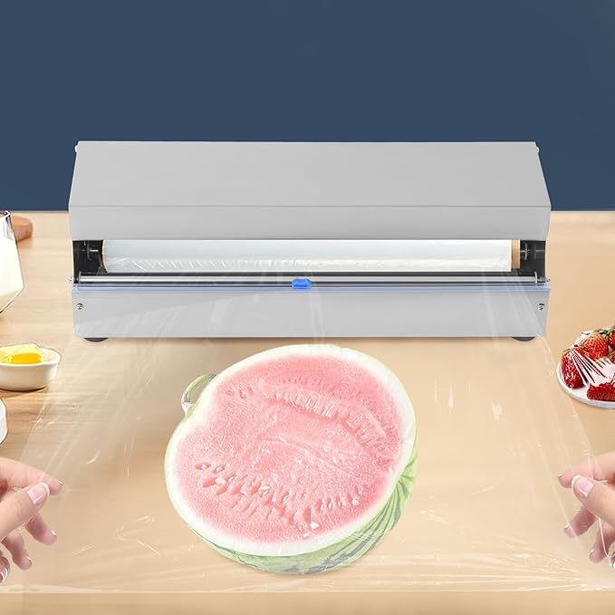 10''-18'' Cling Film Dispenser, Stainless Steel Food Wrap Sealer Packaging Machine Wrapper Cutter With 2 Replacement Blades & 4 Non-slip Feet for Fruit Vegetable & Meat Preservation