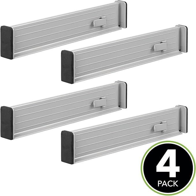 mDesign Expandable Dresser Drawer Organizer, Adjustable Drawer Divider, Foam Ends, Strong Secure Hold, Locks in Place, Separators for Closet, Cabinet Storage, Ligne Collection, 4 Pack, Gray/Black
