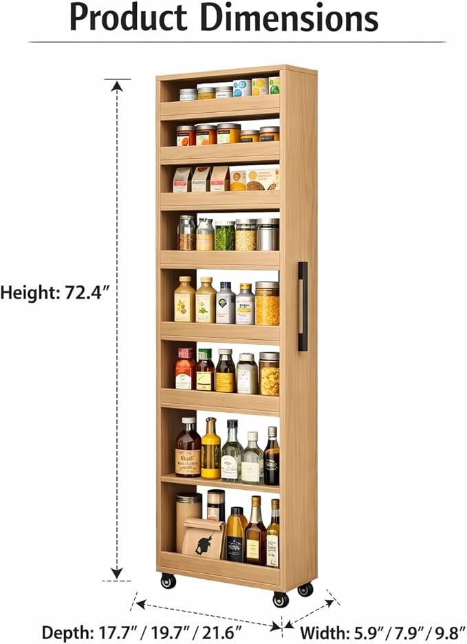 7 Tier Slim Rolling Storage Cart with Wheels, Narrow Storage Cabinet for Small Spaces, Mobile Spice Rack Organizer for Kitchen, Pantry, Baking Room, Dining Room(Wood,7.9"x19.7"x72.4")