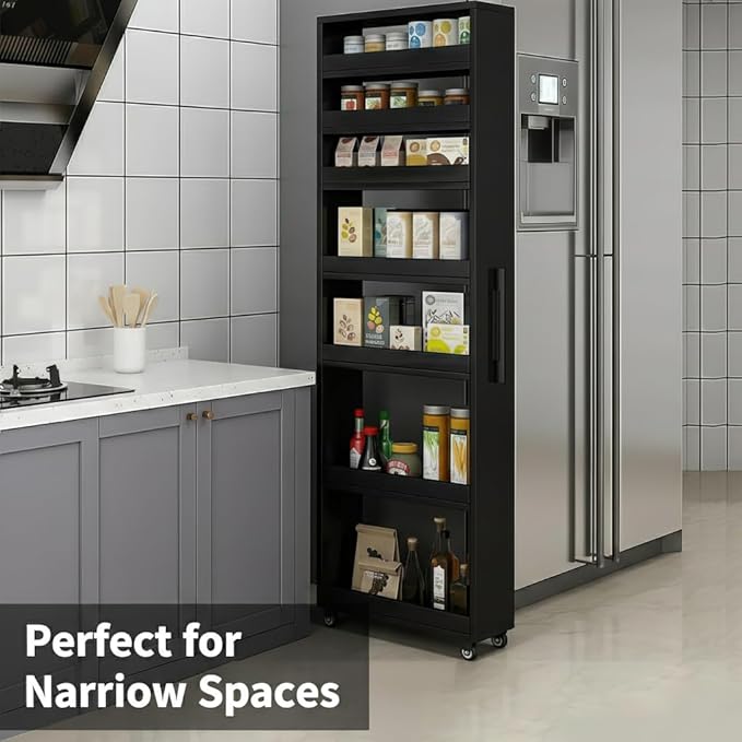 7 Tier Slim Rolling Storage Cart with Wheels, Narrow Storage Cabinet for Small Spaces, Mobile Spice Rack Organizer for Kitchen, Pantry, Baking Room, Dining Room(Black,5.9"x17.7"x72.4")
