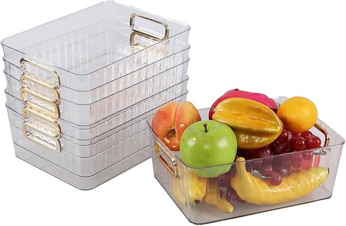 Clear Plastic Organizing Bins, Plastic Pantry Storage Baskets for Fridge, 6-Packs