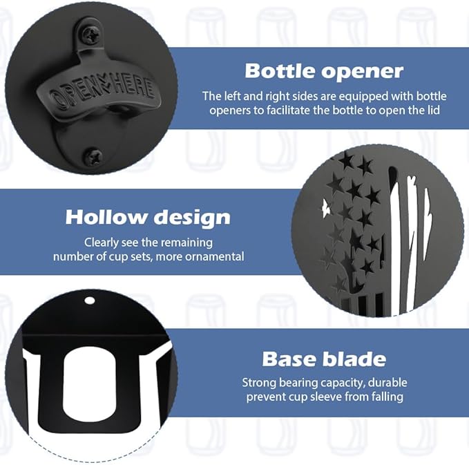 2 in 1 Metal Can Cooler Holder with Bottle Opener, Wall Mount Beer Sleeves Organizer & Dispenser for Standard Can Cooler, 12" Home Bar Storage, Ideal Gift for Men Dad