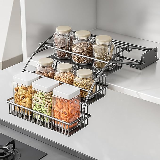 3-Tier Pull Down Spice Rack Organizer for Inside Cabinet Pantry Expandable Display Riser Shelf Kitchen Seasoning Shelf (31.5cm/12.4in)