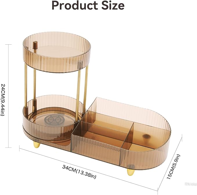 Makeup Organizer Rotating Perfume Tray 5-compartment Cosmetic and Skincare Organizers Makeup Brush Holder for Bathroom Vanity Bedroom Counter Countertop (Brown-Silver Foot Mat)