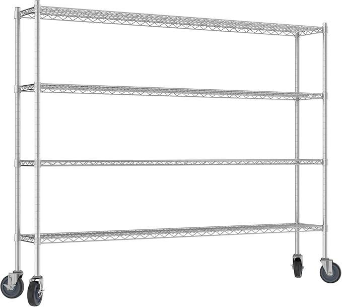 Commercial NSF Listed Chrome Mobile Wire Shelving Kit 12" x 72" x 60", with 4 Shelves Perfect for Warehouse, Walk-in Refrigerator, Freezer, Grocery Store, Restaurant, Dishroom