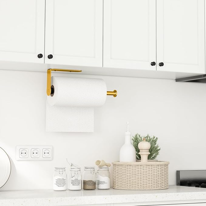 Fixwal Paper Towel Holder Under Cabinet, Single Hand Operable Wall Mount Paper Towel Holder with Damping Effect, Bend-Resistant, Self-Adhesive or Drill Mounting for Kitchen Bathroom, Gold