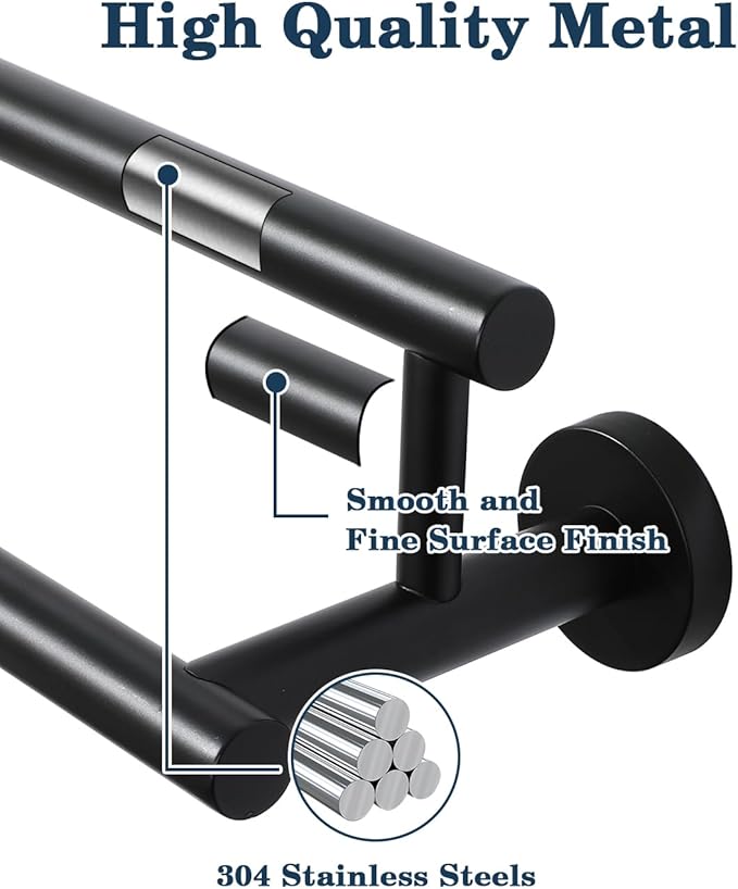 Alise Black Double Towel Bar,24-Inch Towel Rack for Bathroom Wall Mounted,SUS304 Stainless Steel Bathroom Towel Holder,Space-Saving Hand Towel Holder,Towel Rail Hanger for Wall, Kitchen