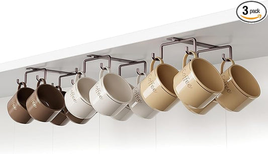 ECROCY Mug Hooks Under Cabinet Space-Saving, Easy Screw Mounting, Metal Coffee Cup Hooks 3 Pack(Dark Brown)