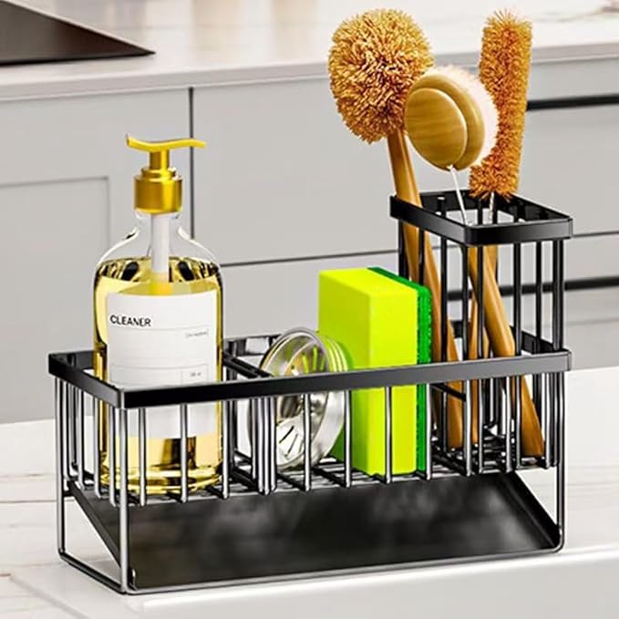 Kitchen Sink Caddy, Black Metal Wire Basket with Drip Tray, Sponge Holder for Dish Soap and Brushes, 9.1x3.7x6.2 inches (Black)