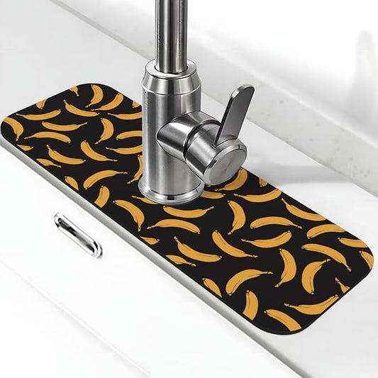 Yellow Banana Black Kitchen Sink Splash Guard Faucet Mat Super Absorbent Fast Drying Mat Sink Gadgets-Fast Drying Pad Sink Mat For Kitchen Bathroom (15" X 5.5" )