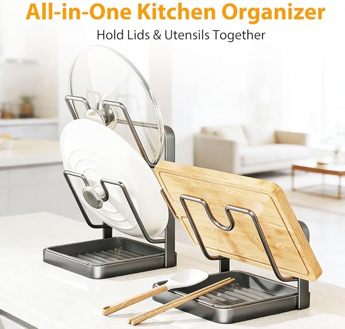 Kitchen Pot Lid Storage Rack, 2026 New Stainless Steel Pot Lid Holder While Cooking, Multifunctional Pot Lid Organizer Rack with Multipurpose Wire Dishwashing Rags for Kitchen (White, Double Layer)
