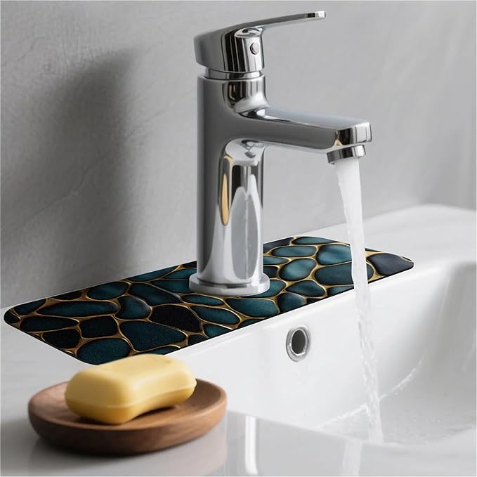 Kitchen Sink Splash Guard，Blue and gold stones Faucet Mat Sink Gadgets-Super Absorbent Fast Drying Mat Drip Catcher for Kitchen, Bathroom,Sink Mat, Dish Drying Mat, Bathroom(15" X 5.5" )