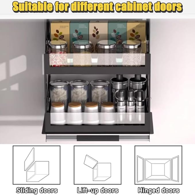 YVYKFZD 2 Tier Pull Down Cabinet Organizer, Heavy-Duty Wall Pull Down Shelf, Kitchen Storage Shelf Organizer, High Cabinet Lifting and Folding Cabinets, Space Saving(13.7"x11.0"x26.3"/35x28x67cm)