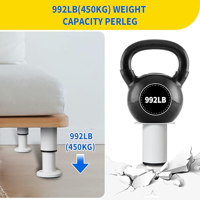 4 Pcs Adjustable Height Furniture Support Legs [with Screws] 3.15-4.72 inch, Metal Heavy Duty Furniture Replacement Legs for Chair/Bed/Sofa/Cabinet/Couch/Dresser/Bed/Table (White)