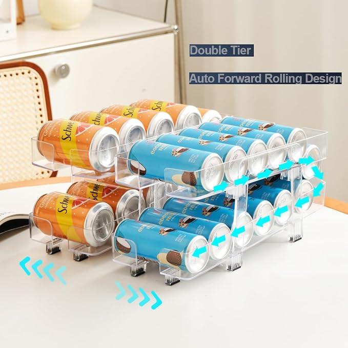 2 Pack Adjustable Soda Can Organizer,Expandable 2 Tier Gravity Beverage Drink Dispenser for Mini Fridge,Rolling Pop Can Storage for Refrigerator,Mini and Tall Skinny Can Holder for Pantry