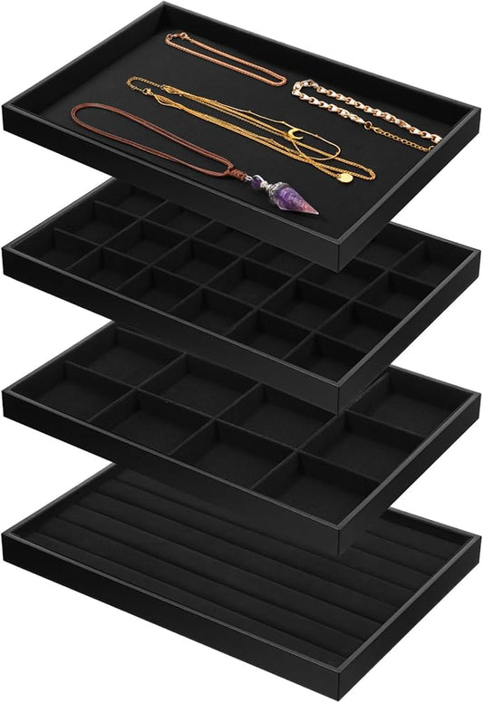 4Pcs Jewelry Organizer Trays, Stackable Velvet Jewelry Trays, Drawer Insert Divider Jewel Display Storage with Removable Dividers, Divided Storage for Earring Necklace Rings Bracelet