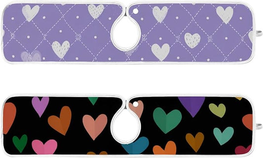 2 PCS Kitchen Sink Splash Guard 23.6 Inch Faucet Mat for Kitchen Sink Bathroom Sink Faucet Absorbing Drip Drain Mat Pad Microfiber Soft Washable Valentine Purple Colorful Hearts
