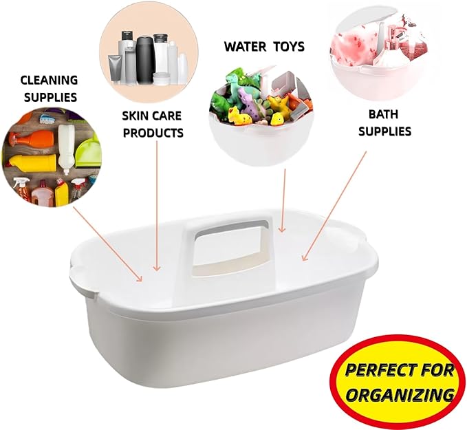 QLYMTZ 2 Pack Large Cleaning Caddy Portable Shower Basket Supply Organizer with Handle,Plastic Bucket Tool Storage,for Bathroom,Bedroom,Kitchen,Under Sink Storage (White)