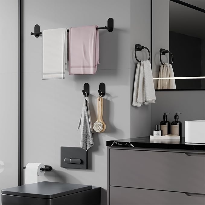 WZRUA Adhesive Towel Hooks for Bathrooms 4 Pack Matte Black Stainless Steel and Zinc Alloy Sticky Wall Hooks for Hanging Heavy Duty Self Adhesive Robe Shower Hanger for Kitchen, Closet, Cabinet, Door